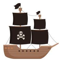 illustration of a classic pirate ship with black sails and a skull flag vector