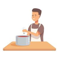 Cheerful man in an apron stirs a pot of soup, displaying joy in kitchen activities vector