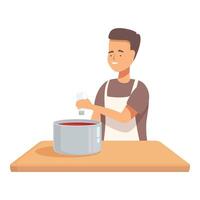 alegre hombre en un delantal revuelve un maceta de sopa, mostrando alegría en cocina ocupaciones vector