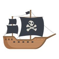 Flat design of a pirate ship with a skull and crossbones sail, isolated on white vector