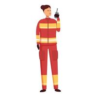 Illustration of a smiling firefighter in uniform speaking into a walkietalkie vector