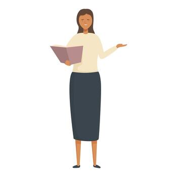 Illustration of a confident woman standing with an open folder, presenting or explaining content vector