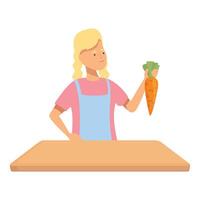 Woman holding carrot in kitchen vector