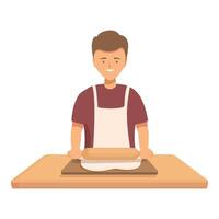 Smiling baker kneading dough on wooden table vector