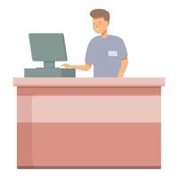 Illustration of a young male cashier operating a computer at a store checkout counter vector
