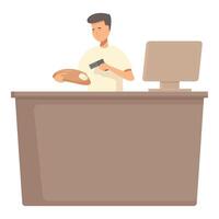 Man at desk scanning a document with handheld scanner vector