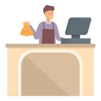 Smiling cashier at grocery checkout vector