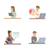 Diverse professionals working on computers and presenting data vector