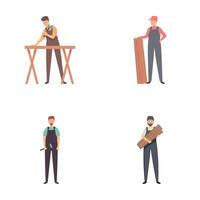 Set of cartoon carpenters with wood and tools vector