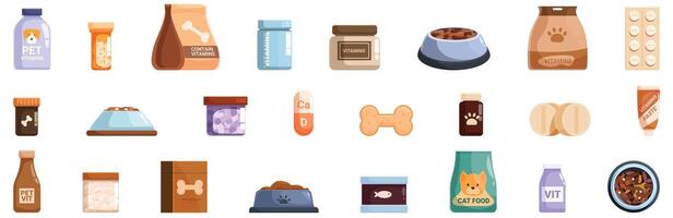 Vitamins pets icons set . A collection of pet supplies including dog food, medicine, and toys vector