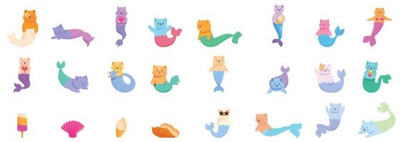 Mermaid cats icons set . A collection of cartoon mermaids in various colors and sizes vector