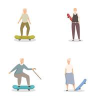 Collection of illustrations featuring seniors enjoying skateboarding, showcasing vitality vector