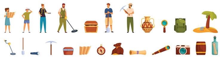 Treasure hunting icons set . A group of people are shown in various positions, with some holding tools vector