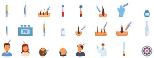 Injecting hair icons set . A collection of medical tools and instruments, including syringes, scalpels vector