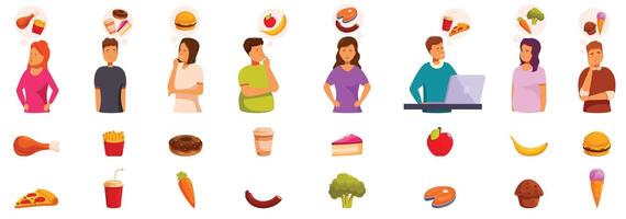 Thinking food icons set . A group of people are shown with different food items in front of them vector