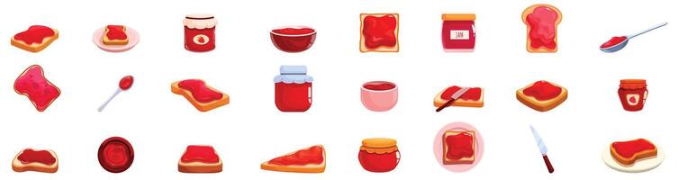 Jam toast icons set . A row of food items with a red jelly spread on them vector