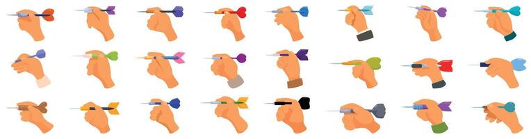 Hand holds dart icons set . A row of hands holding different colored darts vector