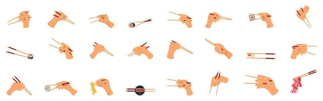 Hands holding chopsticks icons set . A collection of cartoonish drawings of chopsticks and other Asian utensils vector