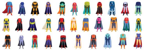 superhéroe disfraz capa íconos conjunto . un colección de vistoso superhéroe disfraces, incluso hombre murciélago, superhombre vector