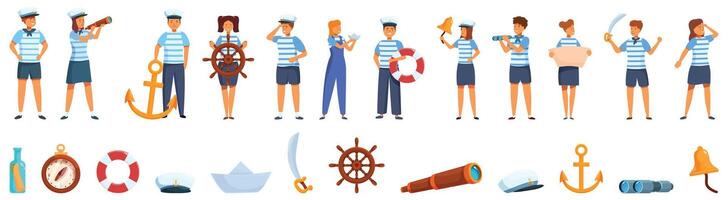 Children sailor mariner costume icons set . A group of people in sailor outfits are standing in a row vector