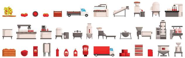 Tomato Ketchup Production icons set . A series of images depicting various food processing and packaging facilities vector