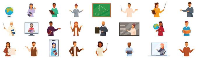 Teachers explain icons set . A collection of cartoon characters that represent various professions vector