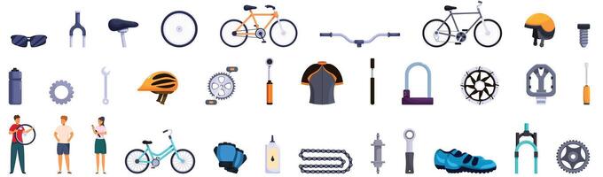 bicicleta Tienda íconos conjunto . un colección de bicicleta partes y accesorios vector