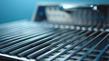 Stainless steel barbeque grill, close up, with focus on the grill surface, soft blue gradient background photo