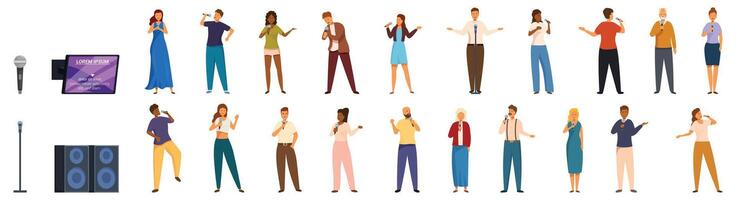 People karaoke icons set . A group of people are singing and dancing in front of a microphone vector