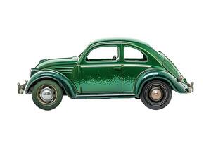 Vintage green Volkswagen Beetle, classic car isolated on a white background, ideal for historical automotive themes and retro design concepts photo