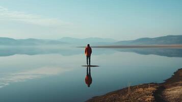 A solitary refugee standing at the edge of a serene lake, reflection of resilience photo