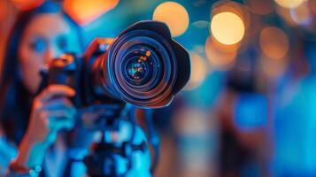 A close up of an AI powered camera lens focusing on a blogger recording a , blurred background photo