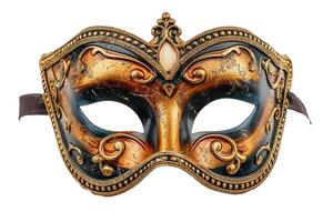 Elegant Venetian mask with gold and black filigree designs isolated on a white background, ideal for Carnival festivities and masquerade themed events photo