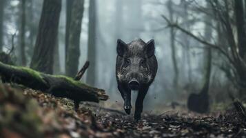 wild boar charges through a forest clearing photo