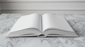 White hardcover book open on a clean table, focus on reading and learning, isolated photo