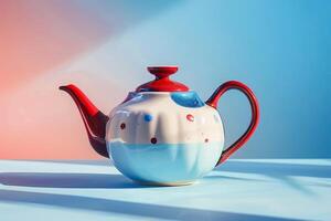 A quirky teapot painted in red, white, and blue, on a blue to white gradient background photo