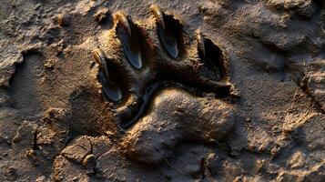 de cerca de un oso pata impresión en el lodo, detallado textura y oscuridad foto