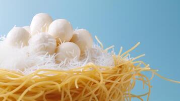 Perfect photo, stock photo style A conceptual image of spaghetti forming the shape of a birds nest with eggs made of mozzarella balls, set against a sky blue to cream gradient