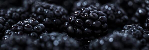 Macro shot of a blackberry texture, black and glossy with tiny drupelets, rich and dark photo