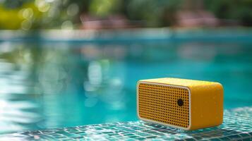 Portable mini speaker next to a pool, vibrant color and water resistant design, isolated photo