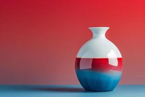 A red, white, and blue ceramic vase in a contemporary style, against a blue to red gradient background photo