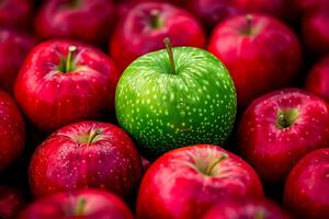 A single green apple among a group of red apples, solitude and loneliness concept photo