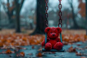 Abandoned red toy on a playground swing, evoking sadness and loneliness, copy space for text photo
