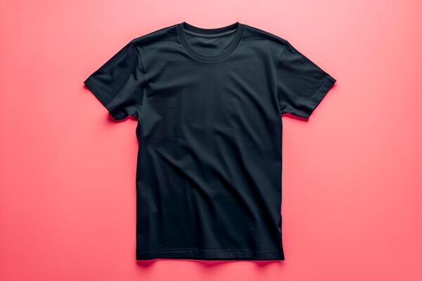 Mockup image of black t-shirt, pink background top view