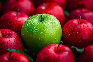 A single green apple among a group of red apples, solitude and loneliness concept photo