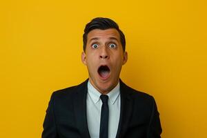 Man mouth open shocked surprised face black suit yellow background photo