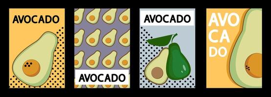 Set of labels, posters and price tags with avocado fruits and in a bright minimalistic style. vector