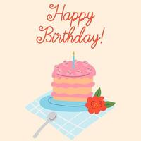 Birthday cake with candles and flowers . Hand drawn Birthday greeting cards vector