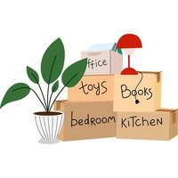 A pile of cardboard boxes with things and indoor plants.Packing boxes for moving.Moving and relocation concept. vector