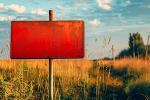 Old red blank signpost, meadow, cloudy sky, copy space for text photo